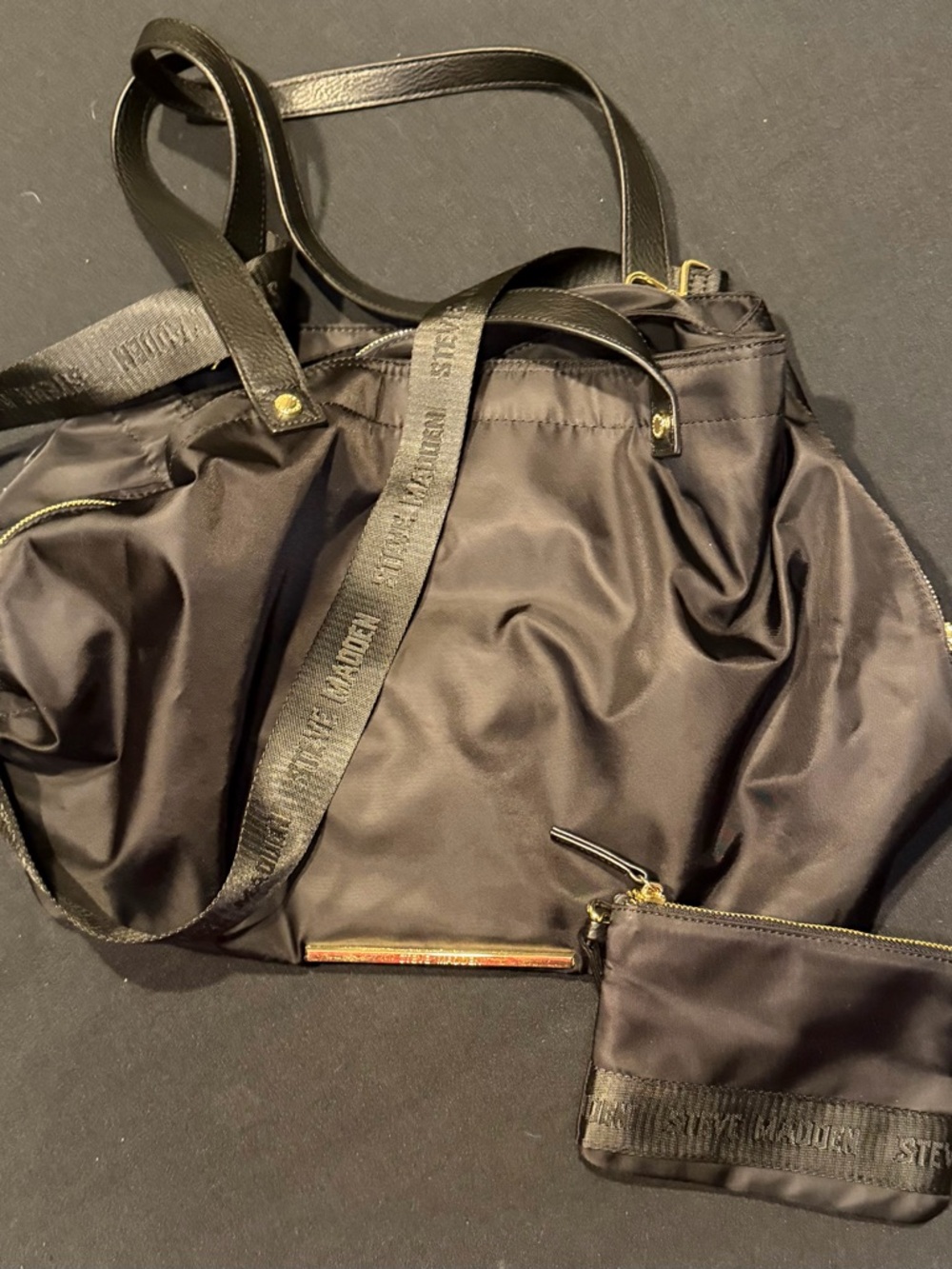 Steve Madden 2pc Set Black Nylon Large Tote Bag Crossbody & Matching Wristlet